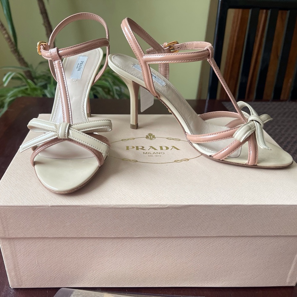 Prada blush and nude strapped Stiletto Heels with Bow Detail 37.5